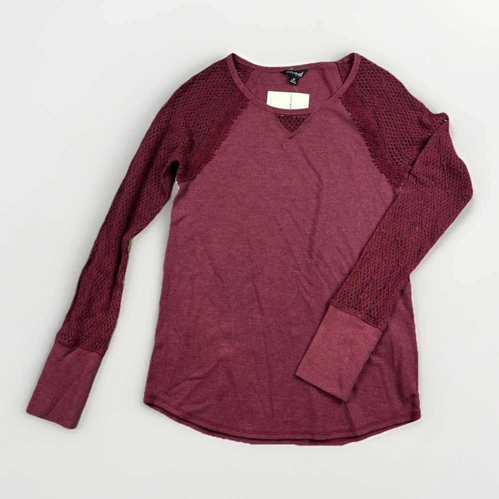 Lucky Brand Waffle Knit Thermal Shirt Netted Sleeves Womens‎ Size M Burgundy NWT